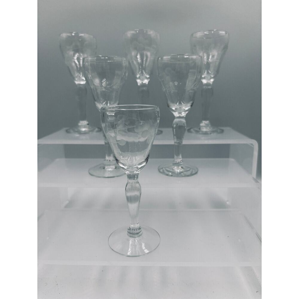 Vintage Etched Floral Cordial Glasses Set of 6 Clear Glass Liqueur Drinkware
